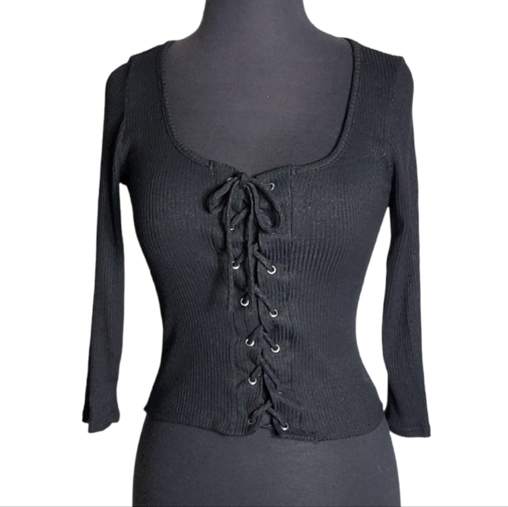 L.A. Hearts black ribbed knit lace up corset crop top long sleeve women's medium